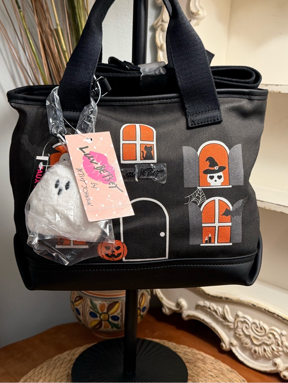 Betsey Johnson Halloween Black Tote with Orange & White Haunted House Artwork